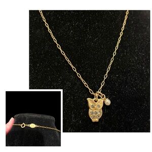 Rare Catherine Popesco Gold Owl with Crystals Necklace and Pearl Charm Dangle